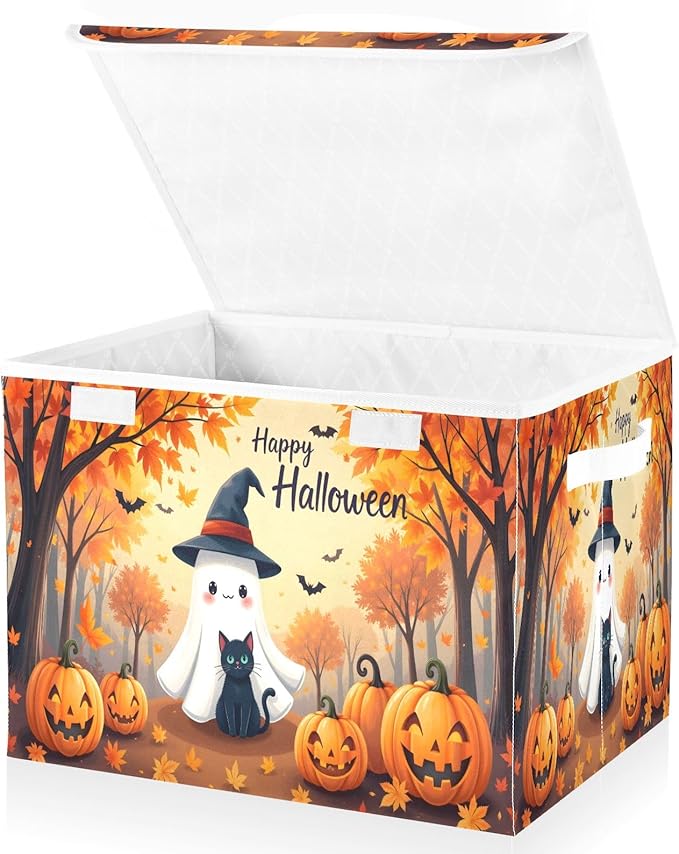 Bolaz Storage Bins with Lids and Handles,Maple Leaves Ghost Pumpkin Storage Box Basket with Cover Collapsible Organizer Containers for Home Closet, Shelves