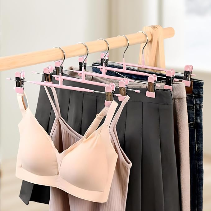 POZEAN Pants Hangers with Clips 30Pack, 12Inch Adjustable Skirt Hangers for Women, Space Saving Non-Slip Hangers for Shorts, Jeans, Coat, Kids' Clothes (Pink, 30Pack)