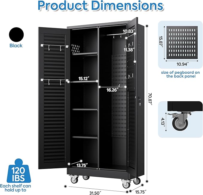 Metal Broom Closet Storage Cabinet with Hanging Rod, Garage Storage Cabinet with Wheels and 4 Shelves, Pegboard and 13 Hooks for Garage Home, Black, Assembly Required