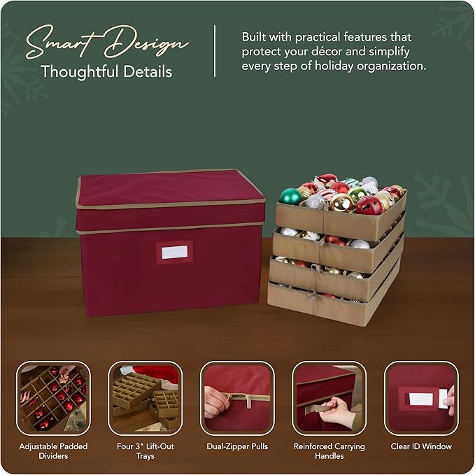 Covermates Keepsakes Adjustable Ornament Storage Box – Heavy-Duty Polyester, Padded Dividers & FlexGrid Trays – Protective Holiday Organizer with Stackable Walls & Label Window, Red