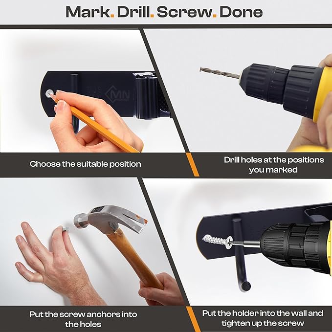 Heavy-Duty Stainless-Steel Broom Holder Wall Mount with 3 Racks and 4 Hooks | Waterproof Mop and Broom Hanger | Adjustable, Garage & Garden Tool Organizer | Black