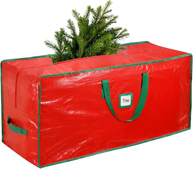 Christmas Tree Storage Bag, For 7.5ft Disassembled Xmas Tree, Heavy Duty Christmas Tree Storage Bag with Sturdy Handles, Tag Card Slot, Zipper, Dust-Resistant and Water-Resistant（Red）