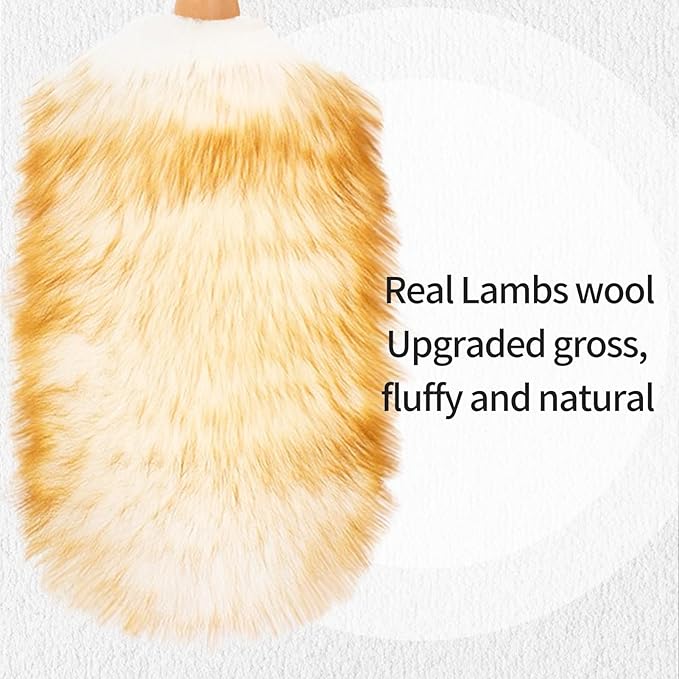 FeelfunFeather Lambswool Duster with Solid Wooden Handle,Leather Hang Strap,Comfortable Grips 19.6 inch Long Natural Feathers Dusters for Cleaning Wall Plant Desk Blind Cleaner Duster Tool