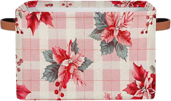Storage Baskets Bin, Christmas Winter Poinsettia Collapsible Canvas Fabric Storage Bin Decorative Baskets Toy Organizer Rectangle Storage Boxes with Handles for Home Shelves Nursery, J-003