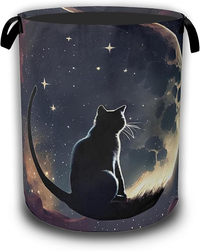 Black Cat Laundry Hamper,Moon Night Collapsible Laundry Baskets Waterproof Oxford Cloth With Handles,Clothes Storage Bucket Toy Organizer For Bathroom/Nursery/Bedroom 16" x 20.8"