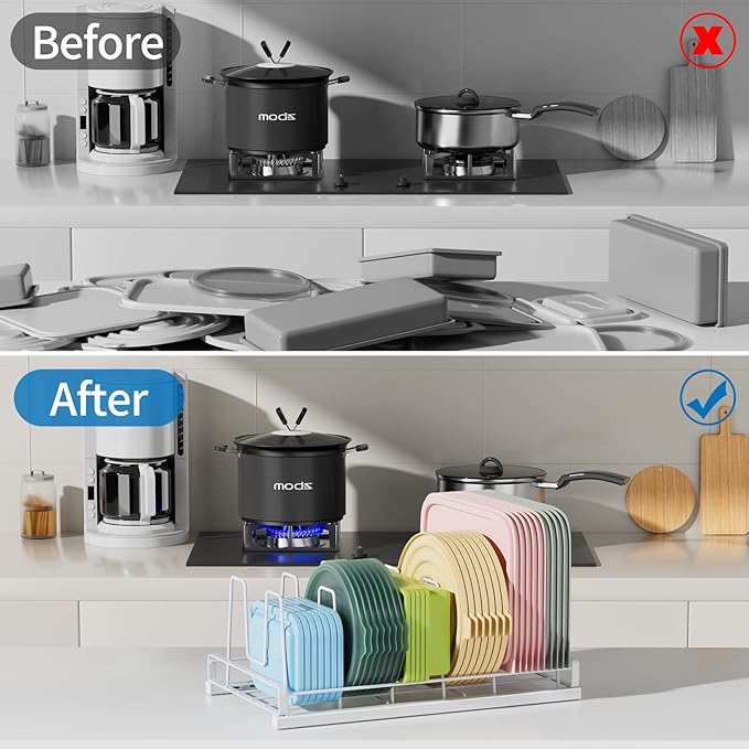 GAGUIUP Food Container Lid Organizer, Adjustable 6 Dividers Full-Metal Pot and Pan Organizer Rack for Kitchen Cabinets, Drawers, Cupboards, Pantry Shelves Storage, White