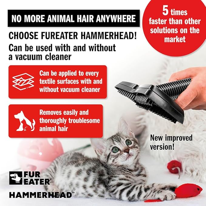 FurEater Vacuum Cleaner Brush Attachment for Removing Pet Hair (2.0 Improved Version) Cats & Dogs Lint Remover for Furniture, Carpets, Car Detailing, Universal Fit with Adapter 1 1/4 and 1 3/8 inches