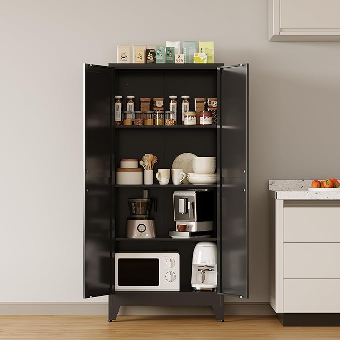 COFaR Black Metal Cabinet, 61 in Tall Metal Storage Cabinet with 3 Adjustable Shelves and Barn Doors, Farmhouse Cupboard Storage for Garage Kitchen Pantry Office, 4-Tier