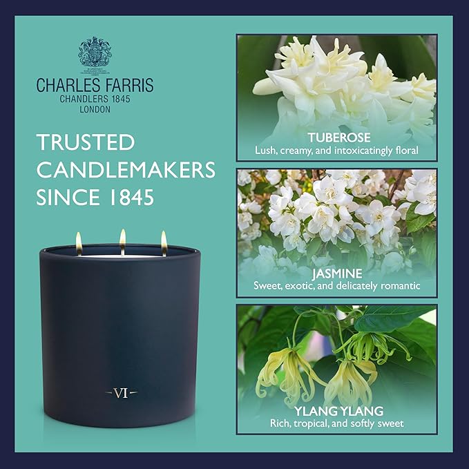 Charles Farris Luxury Scented Candle – 3 Wick, Hand-Poured, Long Lasting, Clean Burning, 640g / 22.5oz, Up to 80 Hours of Burn Time, Made in England – Tuberose, Jasmine & Ylang Ylang – Garden of Eden