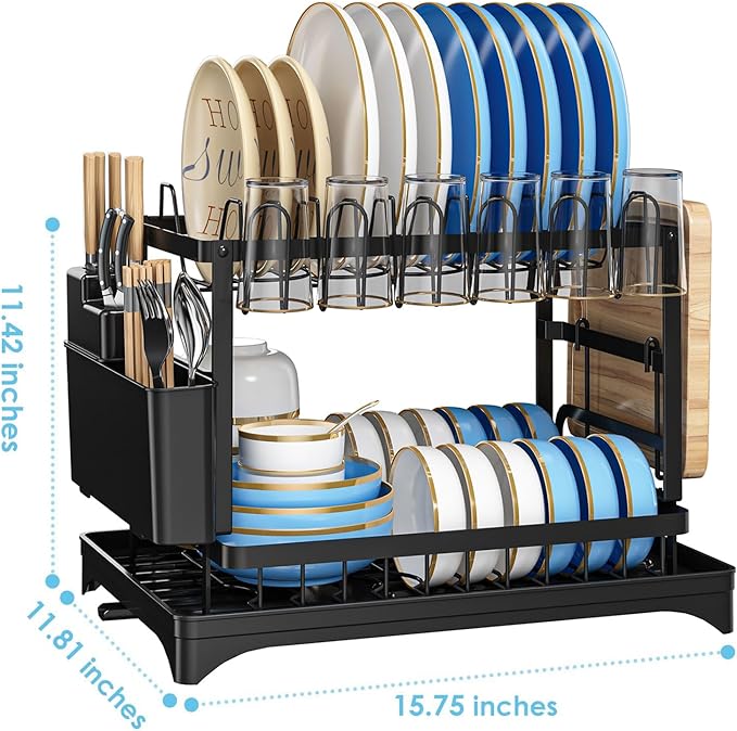 AIDERLY Dish Drying Rack for Kitchen Counter 2 Tier Iron Dish Drainer with Removable Cutlery Basket, Black