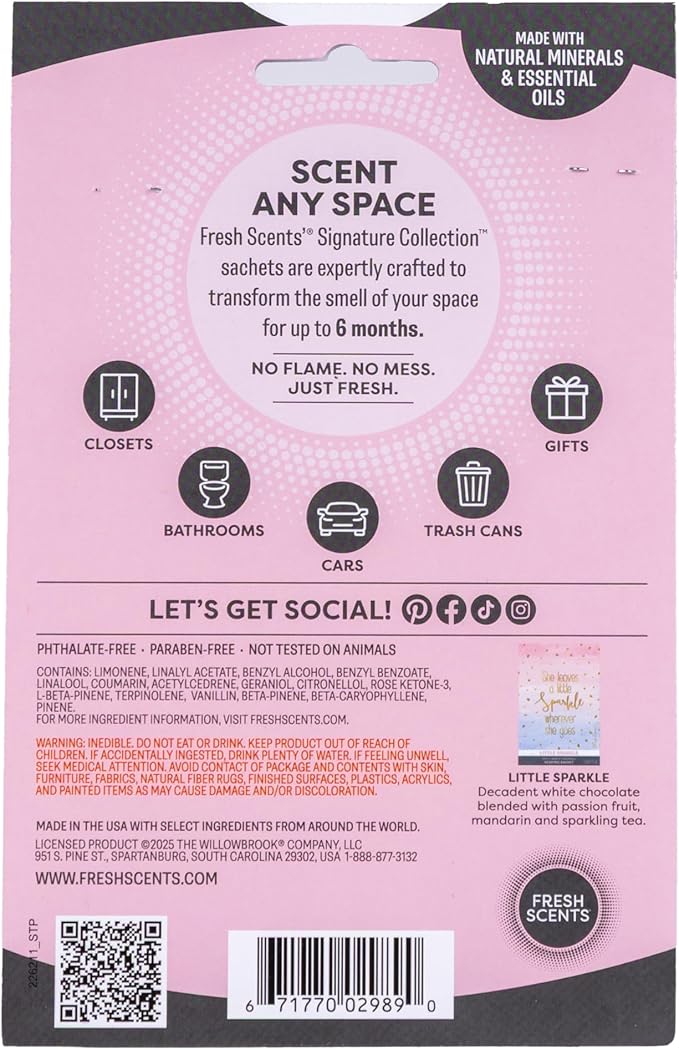 Fresh Scents Scented Sachets | A Little Sparkle| Home Fragrance | Long Lasting (Up to 6 Months) | Air Freshener for Closets, Drawers, & Cars | 6 Pack