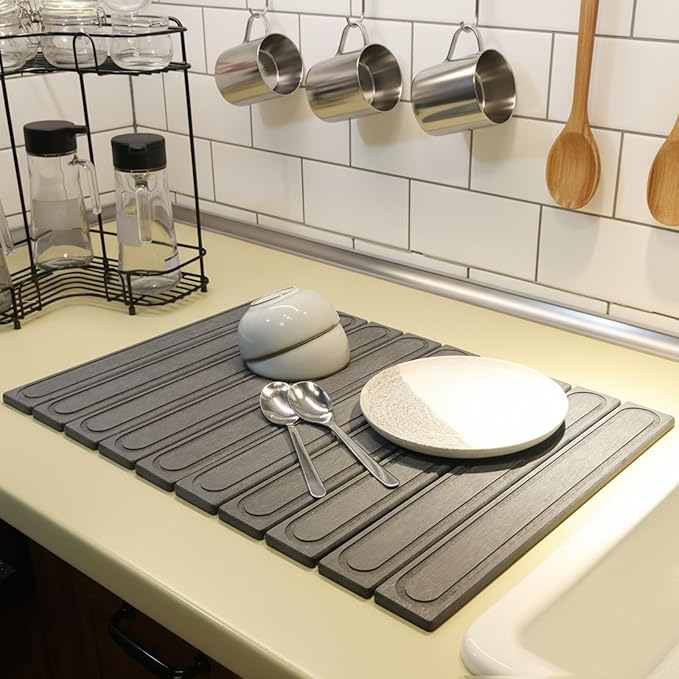 Hopegiver Dark Gray Stone Drying Mat for Kitchen Counter, 24"x16" Engraved Design Quick Dry Stone Mat, Super Absorbent Diatomaceous Earth Dish Drying Mat for Kitchen Bathroom, with Sanding Tools