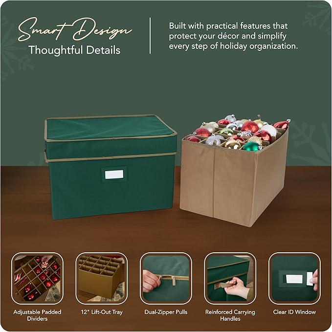 Covermates Keepsakes Adjustable Ornament Storage Box – Heavy-Duty Polyester, Padded Dividers & FlexGrid Trays – Protective Holiday Organizer with Stackable Walls & Label Window, Green