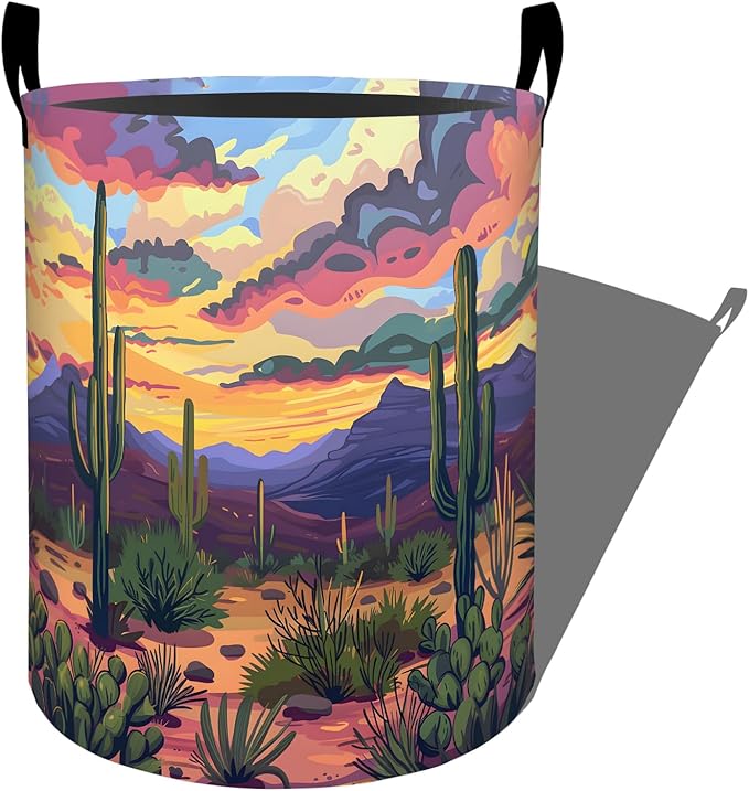 Cactus Laundry Basket with Handles, 19.7"x15.7" Clothes Foldable Colorful Sunset Desert Landscape Laundry Hamper Organizer for Dorm Nursery Bedroom Bathroom Decor, Toy Storage Bin for Kids