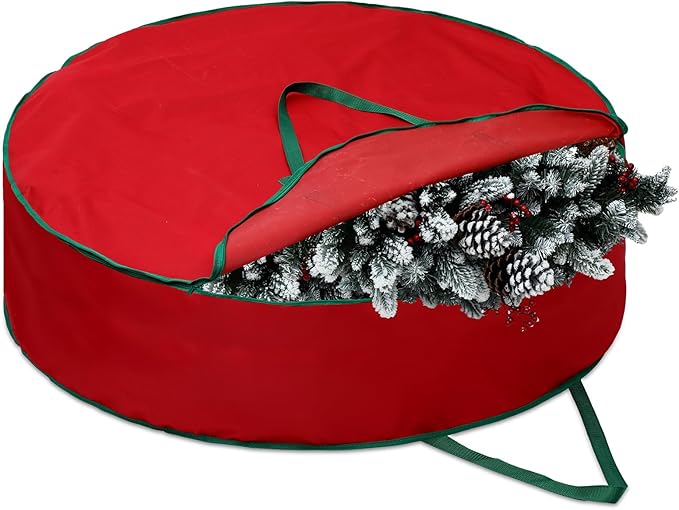 1 Pcs 60" Christmas Wreath Storage Bag Zippered Garland Holiday Container with Reinforced Handle Tear Resistant 600d Oxford Organizer Wreath Holder with Card (Red)