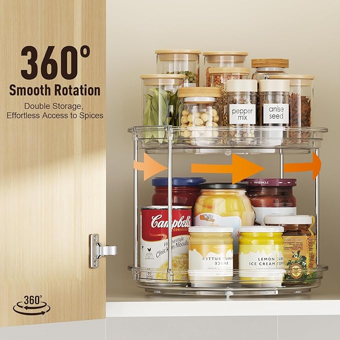 LazySpin 2 Tier Lazy Susan Organizer, 9.25'' Lazy Susan Turntable for Cabinet, Stackable Turntable Organizer Rotating Spice Rack Organization for Kitchen Countertop, Pantry, Bathroom, Clear