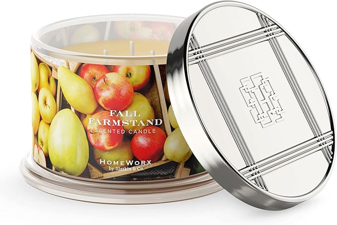 Premium Scented 4-Wick Candle, Fall Farmstand, HomeWorx by Slatkin & Co - 18 oz - Long-Lasting Jar Candle, 30-55 Hours Burn Time - Sugared Honeycrisp Apple, Golden Pear, Vanilla & Wildflower Honey
