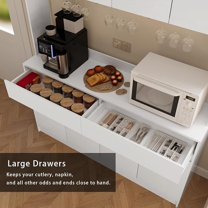 Kitchen Hutch Storage Cabinet, 63" W Large Pantry Cabinets with Microwave Oven Countertop, Freestanding Kitchen Pantry Storage Cabinet with 4 Doors, 2 Drawers and 7 Shelves, White