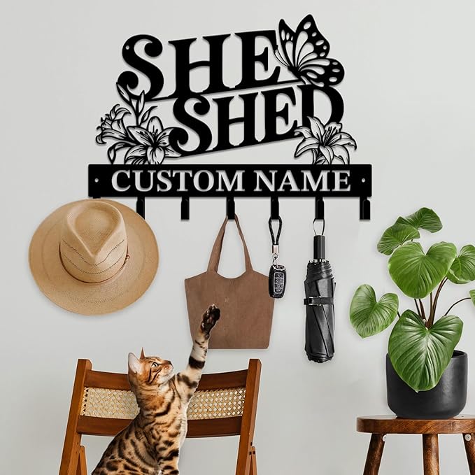 Personalized She Shed Metal Keys Hooks,Custom Name Metal She Shed Keys Hooks,Black Metal She Shed Wall Home Storage Decorative Keys Hooks,Key Holder Hooks for Wall (Style B)