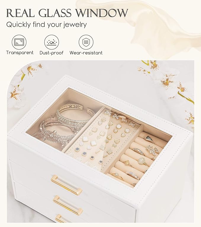 Homde Jewelry Box with Compartments for Women: Big Storage Organizer for Room - Necklace, Earring, Ring Holder for Dresser (White + Yellow)