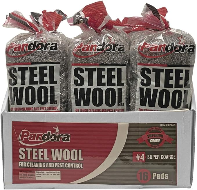 Pandora Steel Wool #4 – Extra Coarse Grade, 240 Pads for Tough Cleaning - Metal Strands - Ideal for Removing Stubborn Paint, Rust, Dirt, and Varnish