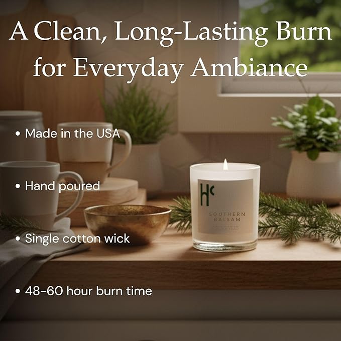 Southern Balsam Single Wick Soy Candles, Luxury Scented Candles for Home - Up to 60 Hour Burn Time, Cruelty-Free Soy Wax Blend - Cedarwood Fragrance, Notes of Eucalyptus & Amber (9 oz)