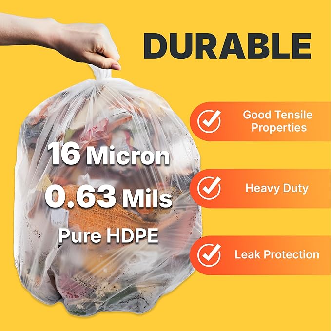 Bagtron 33 Gallon Trash Bags, 16 Micron High Density Pure HDPE Garbage Can Liners Bulk, 33" x 40", Natural Clear, 250 Count