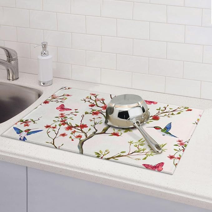 Hummingbird Butterfly Dish Drying Mat 18x24 For Kitchen Counter Absorbent Microfiber Dishes Pad Dish Drainer Rack Mats Fast Dry Kitchen Accessories