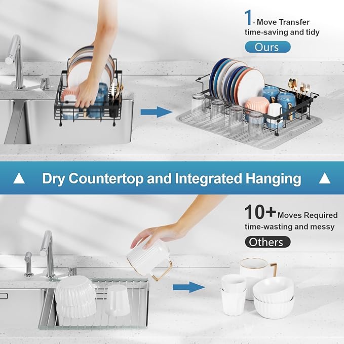 iSPECLE Expandable Dish Drying Rack with Silicone Mat for Sink or On Counter, Rust Resistant Adjustable Dish Drainer with Tightening Knob, Arms with Non Slip Rubber, 12.8" W x 12.4"-17.1" L, Black