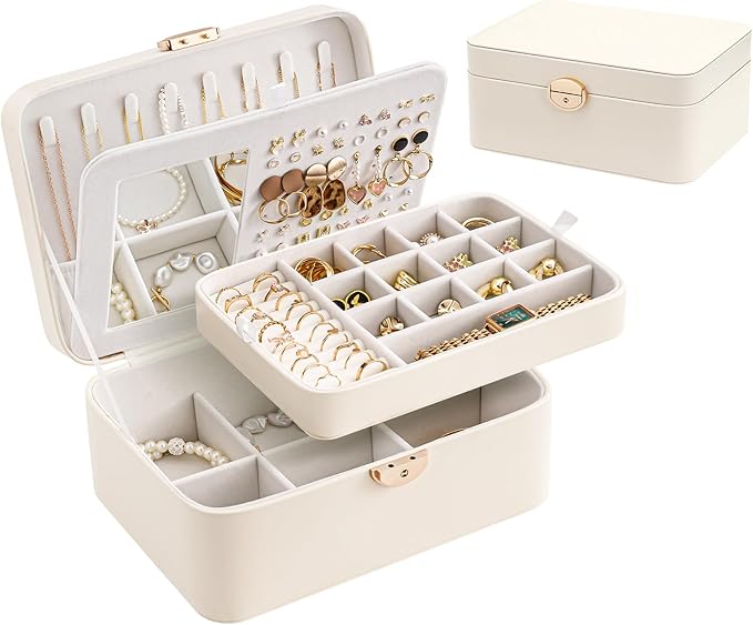 Lolalet 2 Layer Jewelry Box with Lock and Key for Teen Girls & Young Women, Jewelry Organizer Case with Round Clasp and Mirror for Earrings Rings Necklaces Storage, Gift Idea -Cloud White