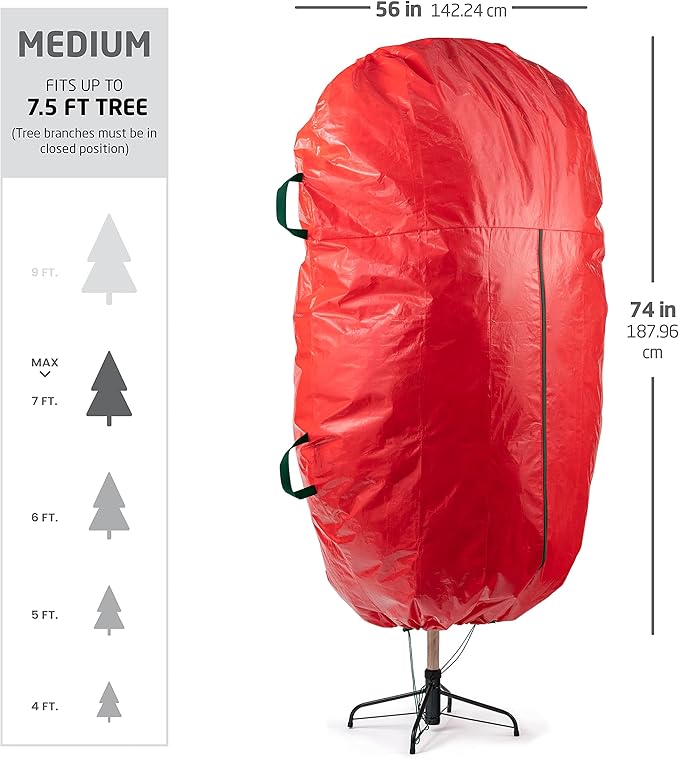 ZOBER Upright Christmas Tree Storage Bag With Drawstring Hem- Fits 7.5 Ft Trees - Plastic, Waterproof Christmas Tree Bag For Storage Box For Xmas - Strong, Durable Handles - Red