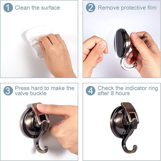 Suction Cup Hooks for Shower, Bathroom, Kitchen, Glass Door, Mirror, Tile – Loofah, Towel, Coat, Bath Robe Hook Holder for Hanging – Waterproof Wreath Hanger (4 Pack, Red Bronze)