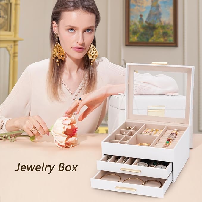 3-Layer Jewelry Box for Women, Jewelry Organizer with Glass Lid and Drawers, Jewelry Organizers and Storage for Necklaces, Rings, Earrings, Bracelets - White/Green/Black.