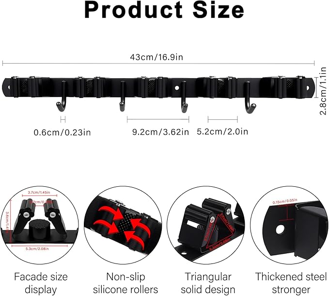 2 Packs 5 Racks and 4 Hooks Mop and Broom Holder Wall Mount, SUS304 Heavy Duty Broom Organizer Storage Tool Racks, Self Adhesive Solid Non-slip Tool Hangers for Home Kitchen Garden Laundry Garage