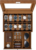 Uten 12-Slot Watch Box, 2-Layers PU Leather Watch Case with Glass Lid, Watch Holder Organizer with Soft Pillow and Velvet Lining, Watch and Jewelry Storage Box, Brown