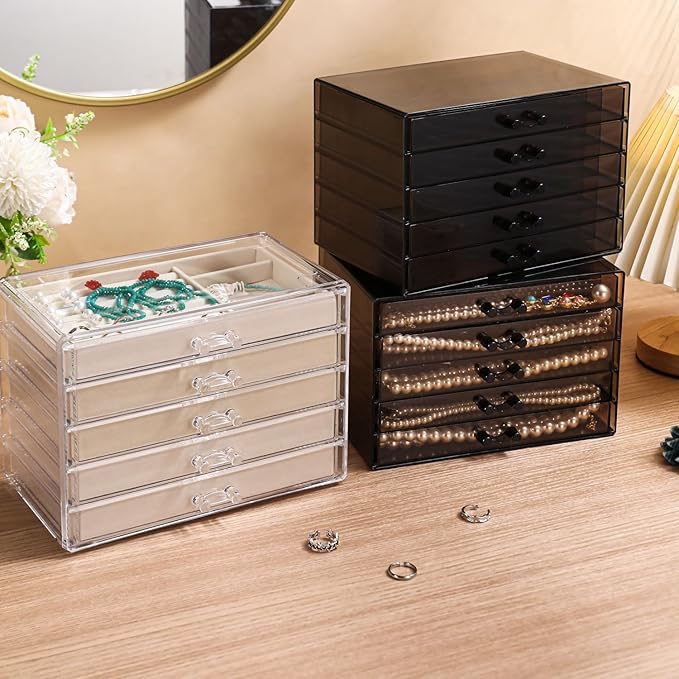 Necklace Organizer Box with 5 Trays, Dustproof Storage Holder Display Case, Tray Drawer for Pendant Chains, Suitable for Women and Girls (Black)