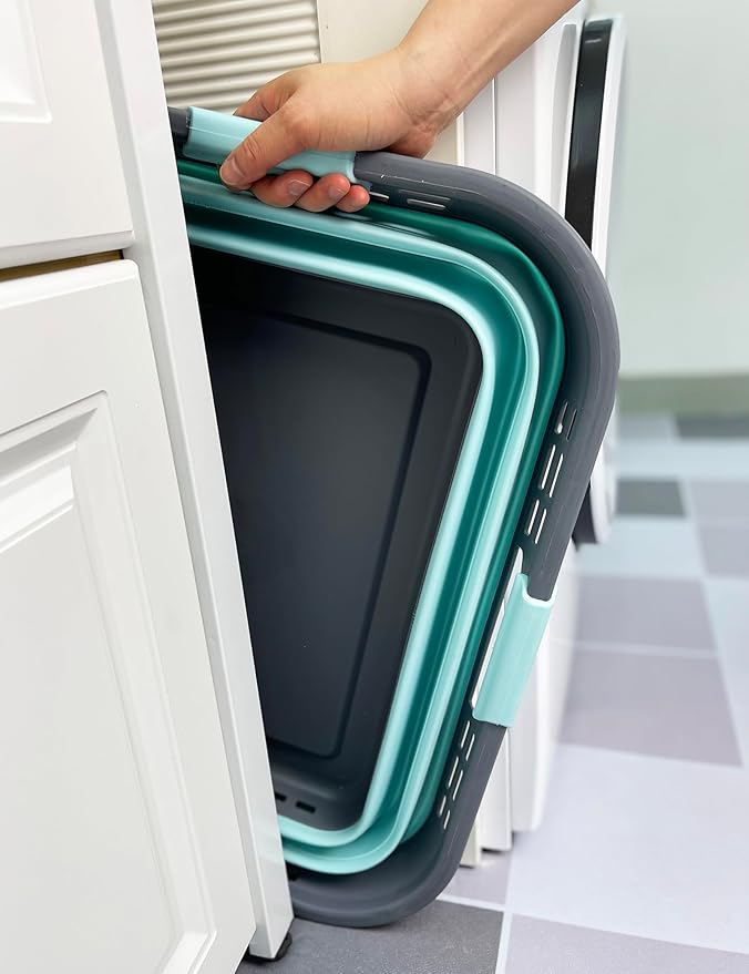 SAMMART 42L (11 Gallon) Collapsible Plastic Storage Basket - Foldable Pop Up Storage Container/Hamper - Portable Laundry Organizer - Space Saving (Grey/Lake Green, 42L (Style A))