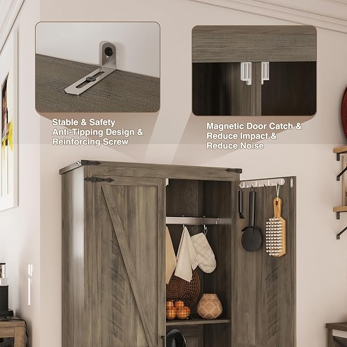 Farmhouse Rustic Grey Storage Cabinet with Adjustable Shelves, Large Pantry Organize with 2 Barn Doors, Tall Freestanding Cabinet for Kitchen, Bathroom, Garage, Living, Utility Room