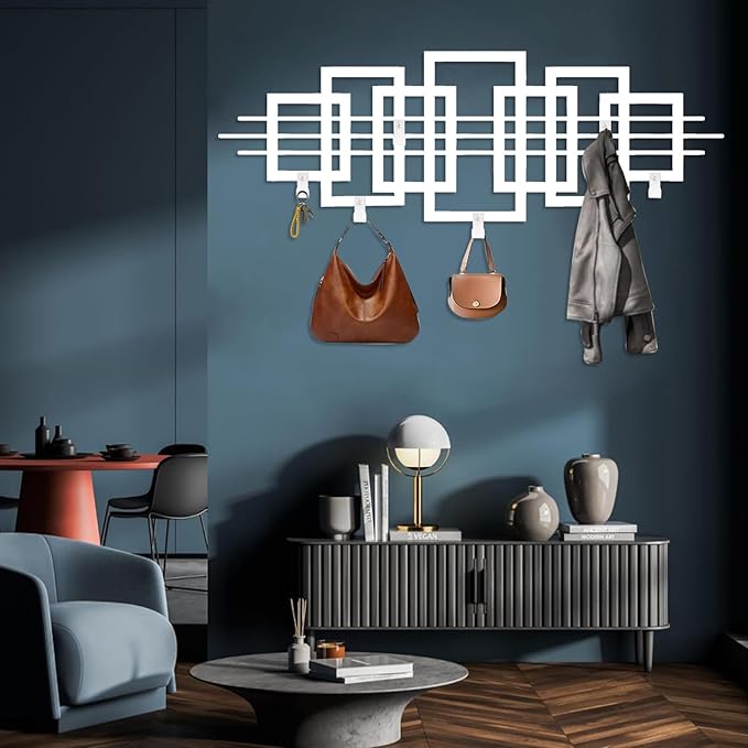 Square Metal Coat Rack, Luxury Modern Wall Mount, Geometric Square Metal Wall Mount, Geometric Clothes Hooks, Home Storage Hooks (White, 18"x53"|45x135cm)