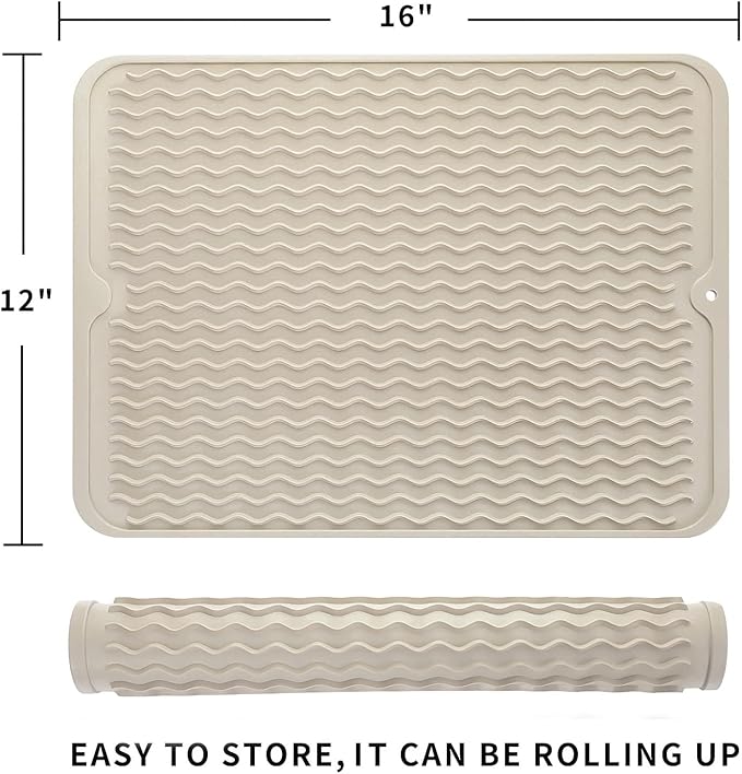 MicoYang Silicone Dish Drying Mat for Multiple Usage,Easy clean,Eco-friendly,Heat-resistant Silicone Mat for Kitchen Counter or Sink,Refrigerator or drawer liner Tapioca L 16 inches x 12 inches