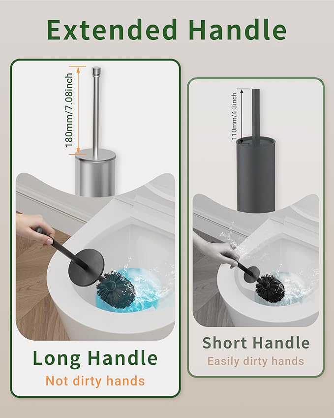 WZKALY Toilet Brush and Holder Set, Toilet Bowl Brush for Bathroom with Long Handle, Stainless Steel Toilet Cleaner Brush with Durable Scrubbing Bristles,Splash-Proof (Brushed Nickel)