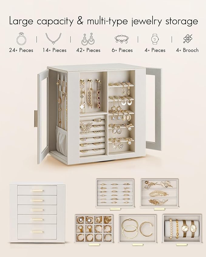Vlando 360° Rotating Jewelry Box with 5 Drawers, Large Jewelry Storage with 2 Glass Window, PU Leather Jewelry Organizer for Bracelets, Necklaces, Earrings, Rings - Cloud White