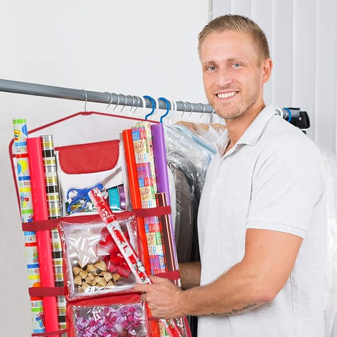 ProPik Hanging Double Sided Wrapping Paper Storage Organizer With Multiple Pockets Organize Your Gift Wrap, Gift Bags Bows Ribbons 40"X17" Fits 40 Inch Rolls Clear PVC Bag (Red)