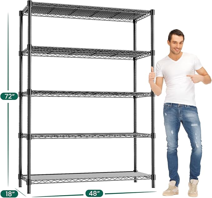 RackBro 48" W Storage Shelves 1875LBS Metal Shelving, 5-Tier Adjustable Wire Shelving Unit with Liners, Heavy Duty Garage Shelving Steel Rack for Commercial Pantry, 48" W x 18" D x 72" H, Black