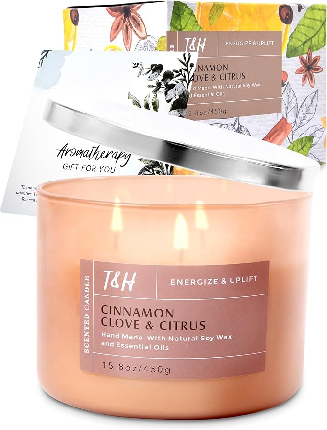 Cinnamon Clove Citrus 3 Wick Soy Candle Large 15.8oz | Spiced Orange Scented Candles for Home | Clean Burn Long Lasting Candle | Warm Cozy Aromatherapy Candle | Housewarming Birthday Gift