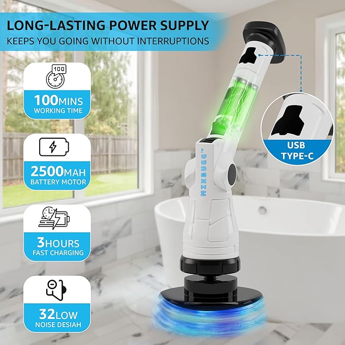 Electric Spin Scrubber – Cordless Power Cleaner with 8 Brush Heads, Long Adjustable Handle, 3 Speed for Deep Bathroom, Tile, Floor & Tub Cleaning, 6-Angle Adjustable