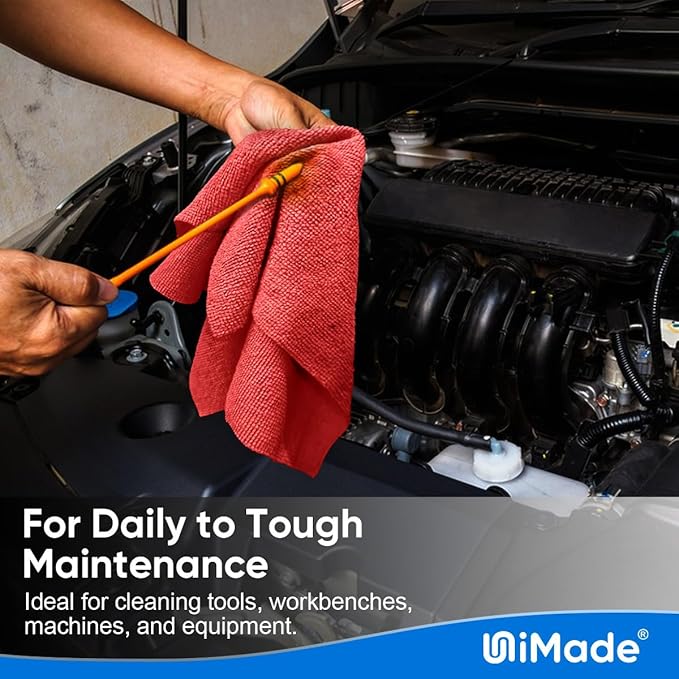 UNIMADE Shop Towels Rags, 50 Pack Reusable Shop Rags Bulk Microfiber Cleaning Cloth Lint Free Cleaning Towels for Car Kitchen Automotive Bar Mechanic Restaurant Garage, 11.5"x 11.5", Red