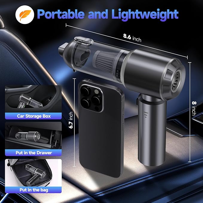 Ytnewin Car Vacuum Portable Cordless, Small Handheld Vacuum Cleaner with 24000PA High Power Suction, Mini Vacuum Cordless Rechargeable with One-Touch Empty, 10-in-1 Hand Vac for Car Home Office Dust