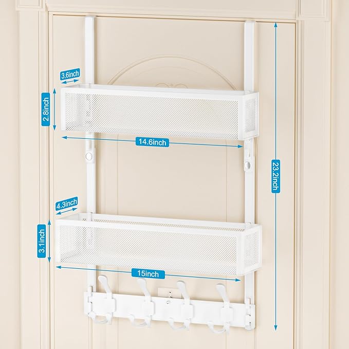 Aimeaihe Over The Door Hooks Organizer, Door Hanger Towel Rack with 2 Baskets, Adjustable Over The Door Coat Rack, Back of Door Storage for Bedroom, Kitchen, Bathroom (White)