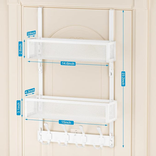 Aimeaihe Over The Door Hooks Organizer, Door Hanger Towel Rack with 2 Baskets, Adjustable Over The Door Coat Rack, Back of Door Storage for Bedroom, Kitchen, Bathroom (White)